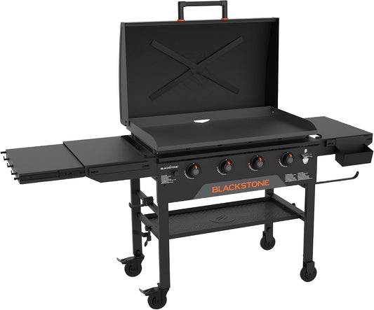 Blackstone 36 Inch Original Portable Griddle with Built-in Hood – 4 Burner Propane, Powder Coated Steel, Black