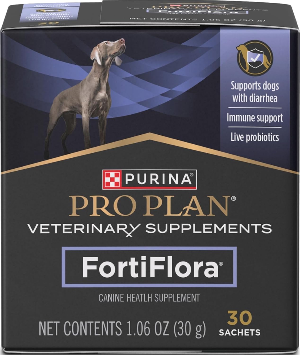 Purina Pro Plan FortiFlora canine health supplement box, 30 sachets, featuring a dark blue and black design with a grey dog illustration and gold and white text.