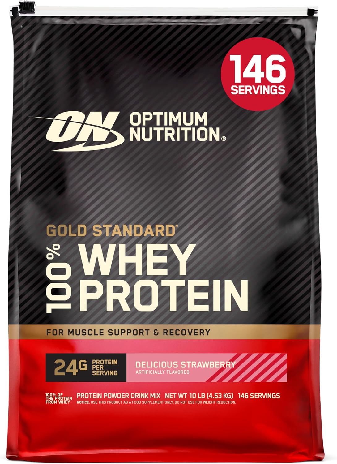 A 10 lb bag of Optimum Nutrition Gold Standard 100% Whey Protein in Delicious Strawberry flavor. The packaging is black with diagonal stripes, featuring a red circular badge that says '146 SERVINGS' and a red bottom section.