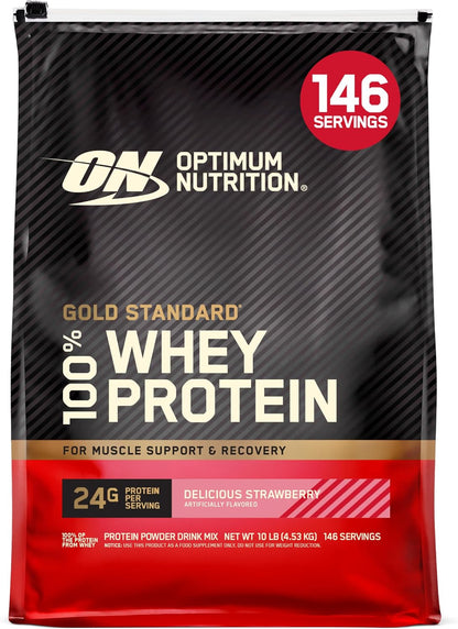 A 10 lb bag of Optimum Nutrition Gold Standard 100% Whey Protein in Delicious Strawberry flavor. The packaging is black with diagonal stripes, featuring a red circular badge that says '146 SERVINGS' and a red bottom section.