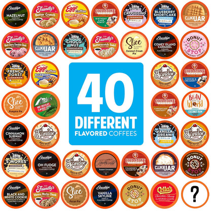 Collection of 40 different flavored coffee packages with visible brand names.