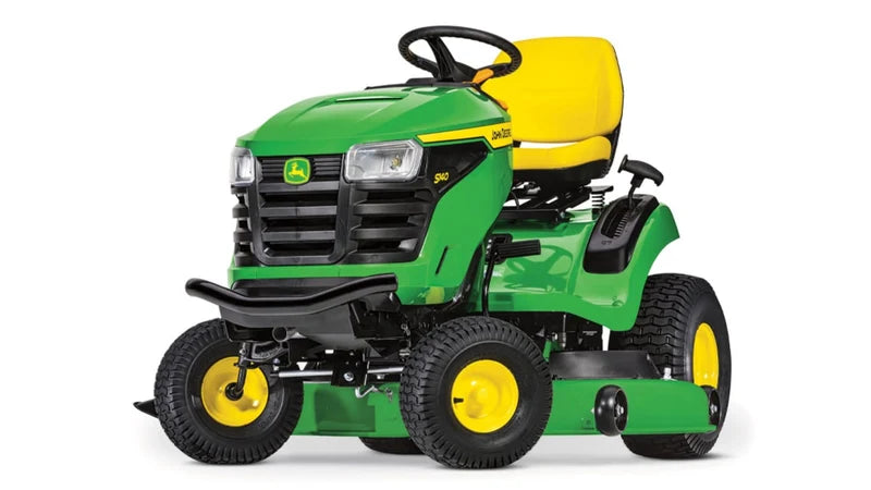 A John Deere riding lawn mower with a green and yellow body, black tires, and a black steering wheel, shown from a three-quarter front angle on a white background.