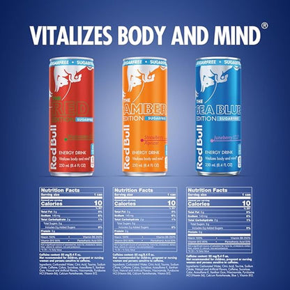 Red Bull Energy Drink Sugar Free Variety Pack, Red, Amber, and Sea Blue, with 80mg Caffeine, Taurine & B Vitamins, 8.4 fl. oz, Pack of 12 Cans