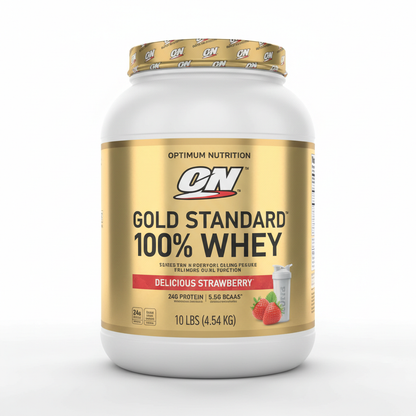 Optimum Nutrition Gold Standard 100% Whey Protein Powder in Delicious Strawberry Flavor, 10 Pound Container, 24g Protein Per Serving, BCAAs, Low Sugar